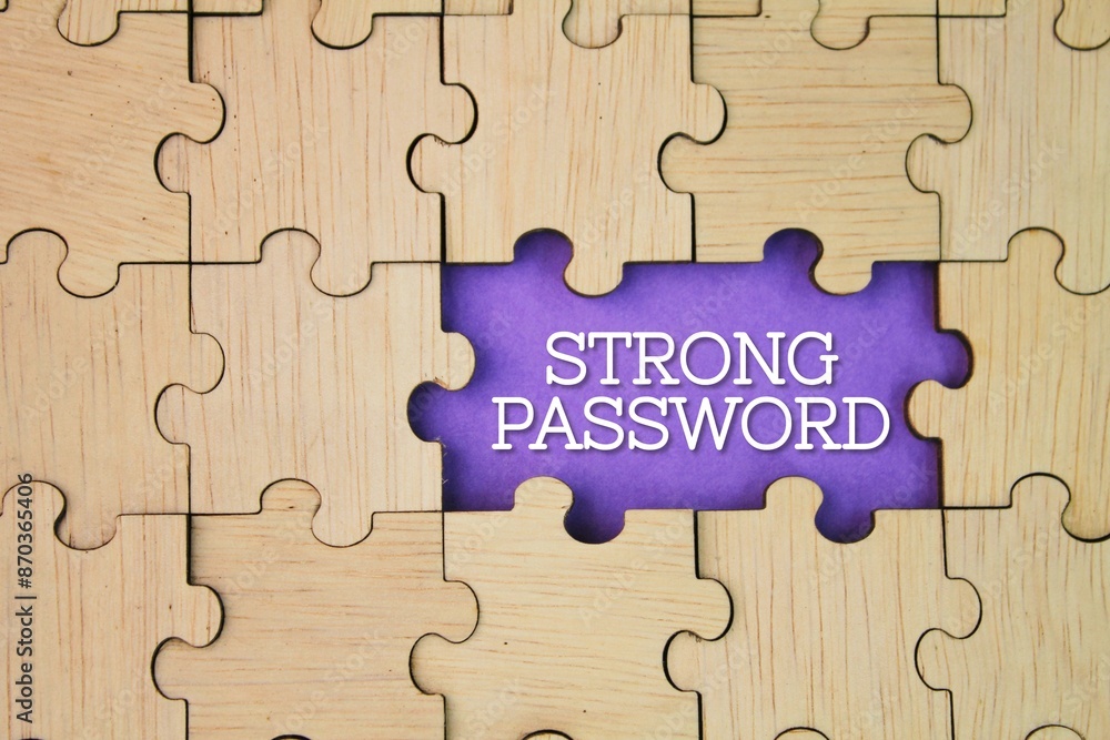 Poster wooden puzzle with a hole in the middle with a strong password word. the concept of securing online 