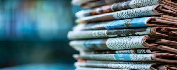 Stack of Newspapers Close Up with Blue Background