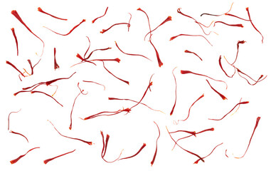 Saffron stamens collection isolated on white background. Top view, close up.