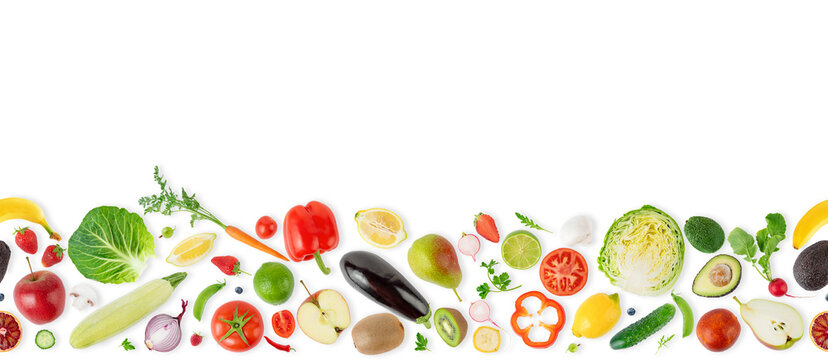 Seamless pattern border with different fruits, vegetables and berries