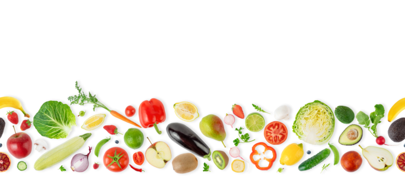 Seamless pattern border with different fruits, vegetables and berries