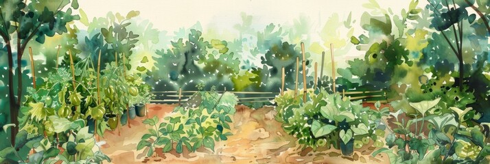 Step into a picturesque watercolor rendition of a neighborhood garden, alive with shared planting areas and tools ,cooperative gardening space, banner, non-ownership mentality