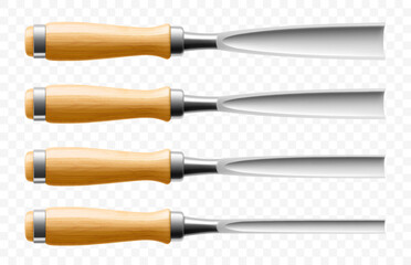 Fototapeta premium Set of chisels, carpentry hand tools for woodworking and wood carving. Stand for working with wood. Chisels with wooden handle isolated on transparent background. Realistic 3d Vector illustration.