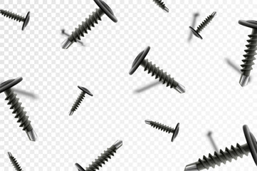 Flying metal self-tapping and screws isolated on transparent background. Many silver falling screws. Сonstruction, repair tools. Steel chrome nails, grey instruments minimalist concept.