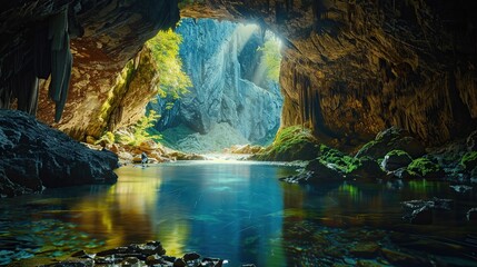Lost caves nature tranquility illuminated. copy space for text. Image of nature.