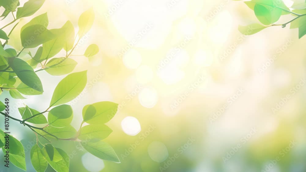 Poster Blurred background with light green leaves and sunlight. Natural bokeh Copy the text space.