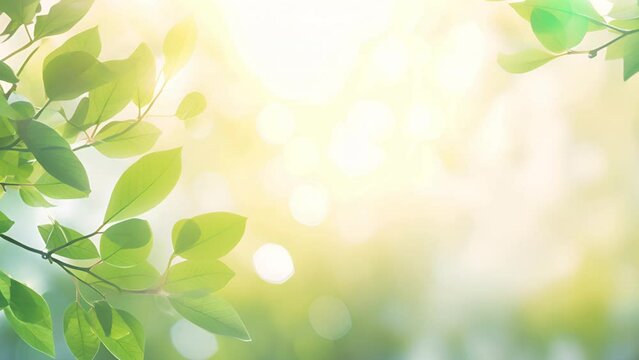 Blurred background with light green leaves and sunlight. Natural bokeh Copy the text space.