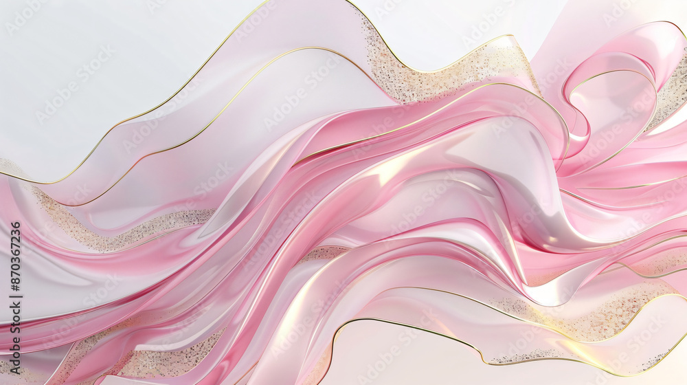 Poster 3d rendering of a pink and white background with golden waves. an abstract wavy design in liquid sha