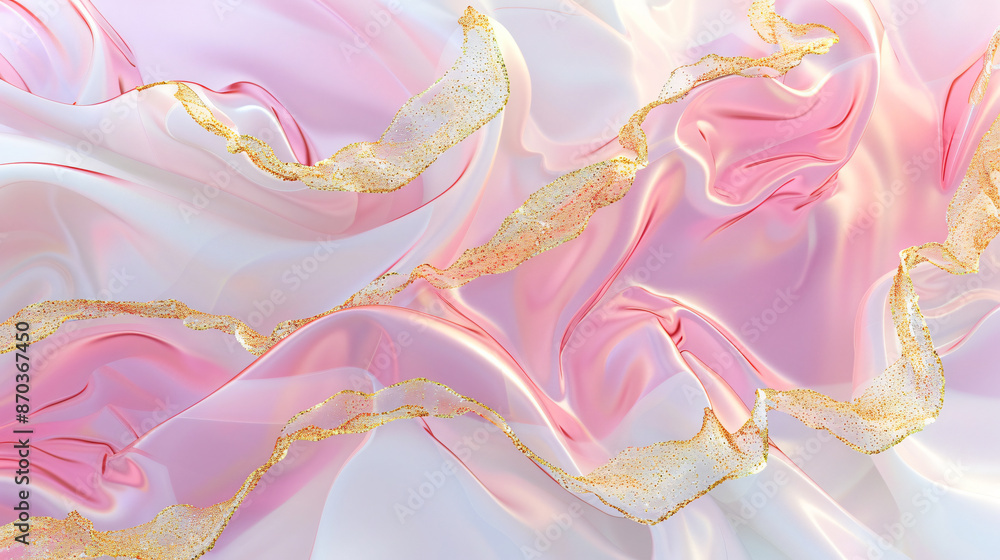 Aufkleber 3d rendering of a pink and white background with golden waves. an abstract wavy design in liquid sha