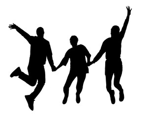 Silhouette of 3 three happy women jumping playing. people silhouettes jump. group of active people.  jumping team. holding hands. arms up. illustration. isolated on white background.