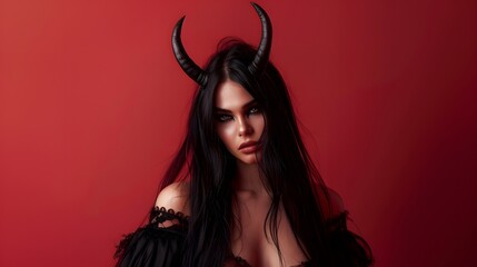 beautiful demon woman with long black hair and red eyes