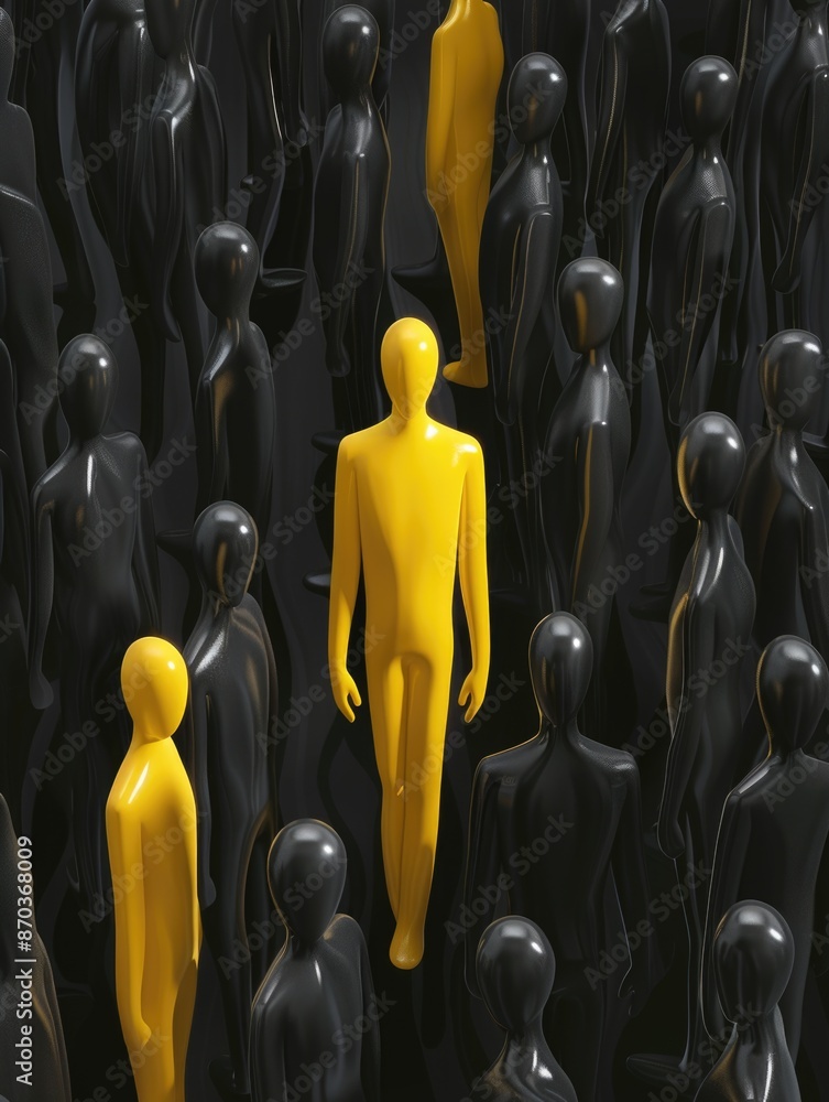 Poster a group of people are standing in a line, with one person in the middle of the line. the person in t
