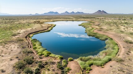 Sustainable Energy Concept: Aerial View of Solar Farm in Desert with Mirrored Panels Reflecting Sky Amid Habitat Restoration with Native Plants, Generative Ai