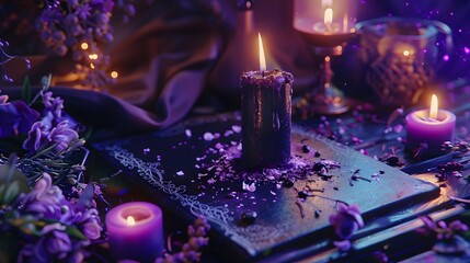 a magical book with candles in a moody setting