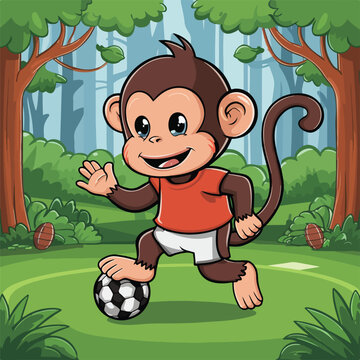 Monkey playing football in the forest