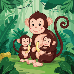 Naklejka premium Mother Monkey Two babies eating banana in the forest