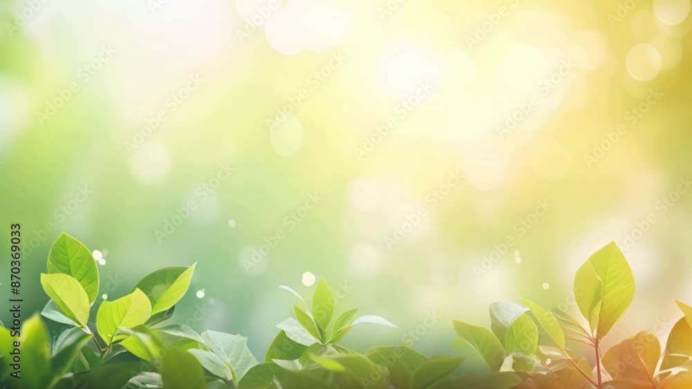 Poster Blurred background with light green leaves and sunlight. Natural bokeh Copy the text space.