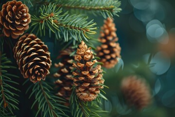 A close up of pine cones on a tree branch. The pine cones are brown and appear to be drying out. Scene is peaceful and serene, as the pine cones are a natural part of the forest