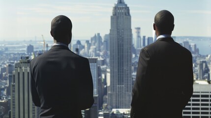 Two men in suits are standing on a rooftop looking out over a city. Scene is one of professionalism and success, as the men are dressed in business attire