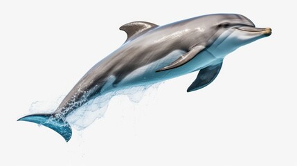 A dolphin is flying through the air. The dolphin is white and gray. The water is blue