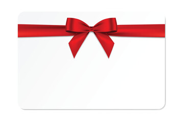 Blank Gift card with red bow and horizontal ribbon realistic shiny satin vector template design for your business gift voucher isolated on white background.