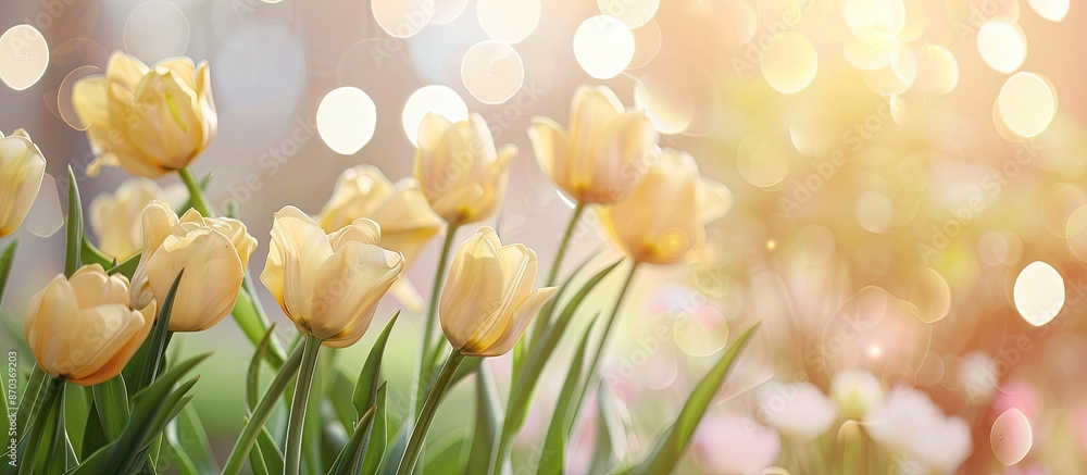 Poster a high-quality photo featuring a spring composition of delicate yellow tulips with selective focus o