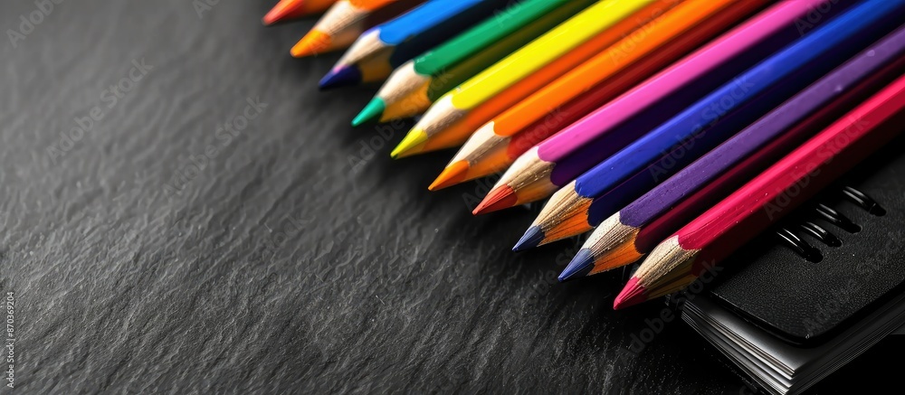 Poster a black notebook with many colorful pencils arranged on it, captured in a black and white copy space