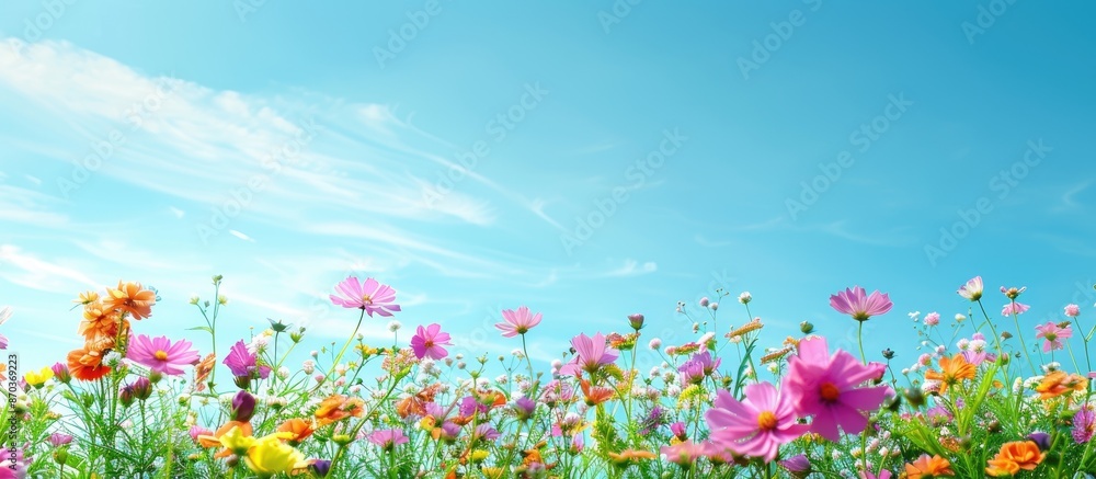 Poster a serene scene depicting a beautiful array of colorful blooms set against a clear blue sky, ideal fo