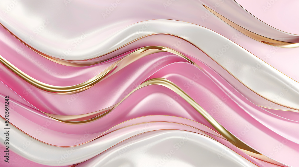 Poster 3d rendering of a pink and white background with golden waves. an abstract wavy design in liquid sha