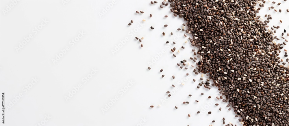 Poster a view from above of chia seeds on a clear white background with ample copy space image.