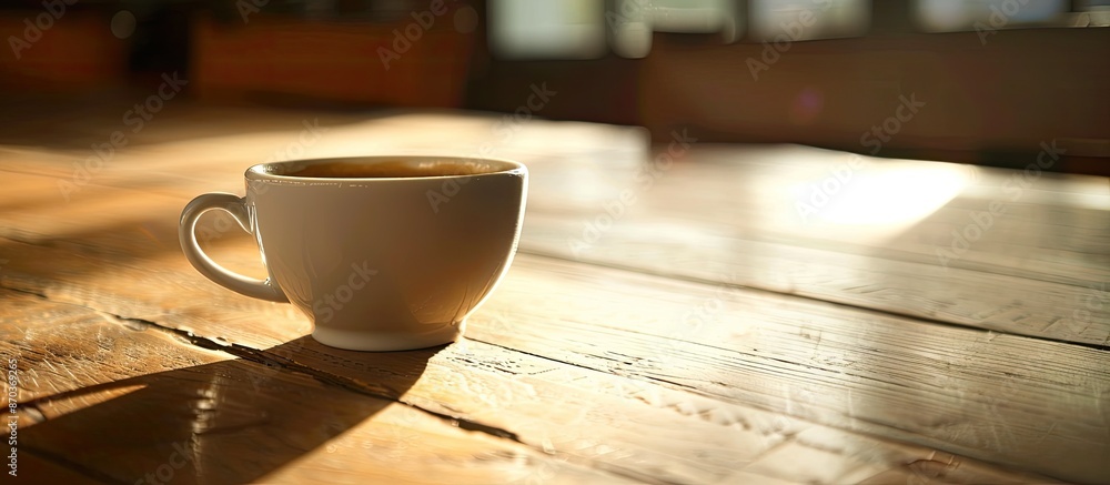 Poster a table displaying an empty coffee cup with copy space image.