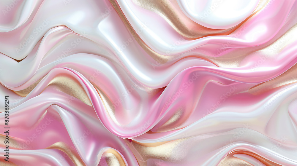 Poster 3d rendering of a pink and white background with golden waves. an abstract wavy design in liquid sha