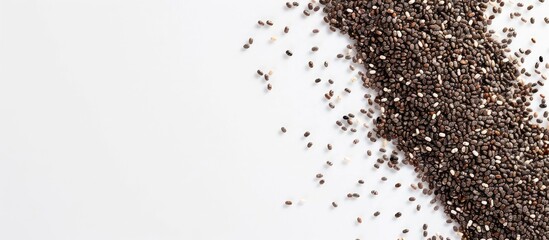 A view from above of chia seeds on a clear white background with ample copy space image.