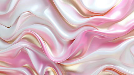 Obraz premium 3D rendering of a pink and white background with golden waves. An abstract wavy design in liquid shapes for a modern luxury wallpaper or web banner. A shiny glossy cloth texture with pink, gold, and w