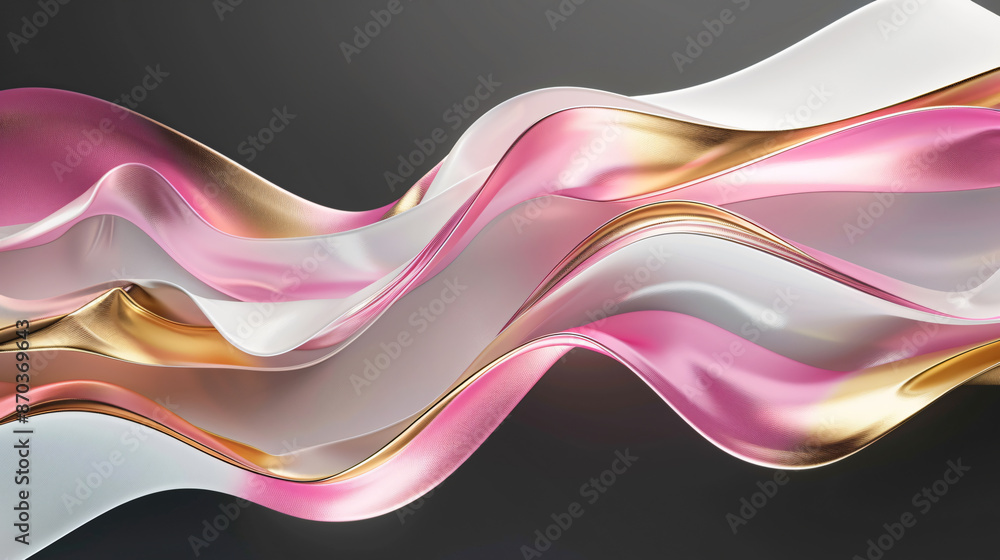 Poster 3d rendering of a pink and white background with golden waves. an abstract wavy design in liquid sha