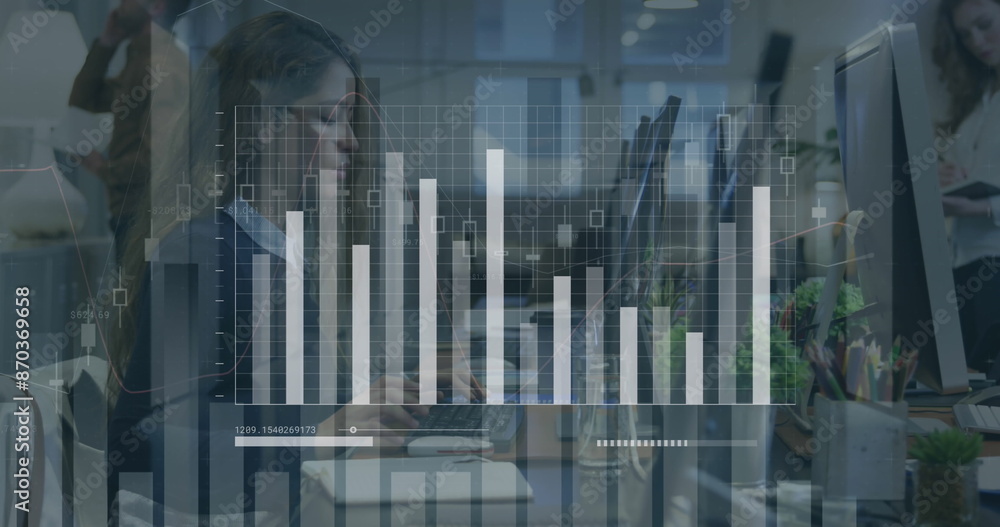 Poster image of statistical data processing over biracial woman using computer at office