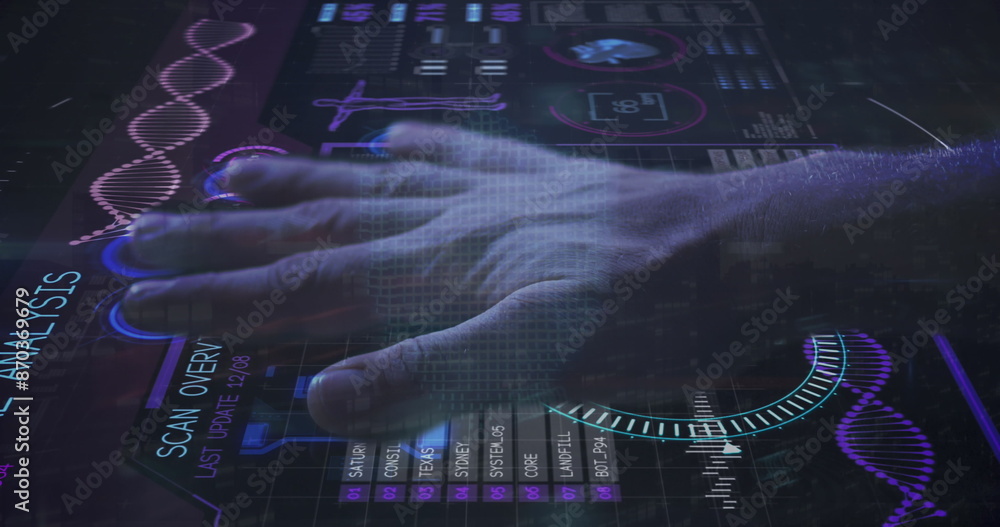 Poster image of cyber security data processing over human hand scanning on futuristic screen