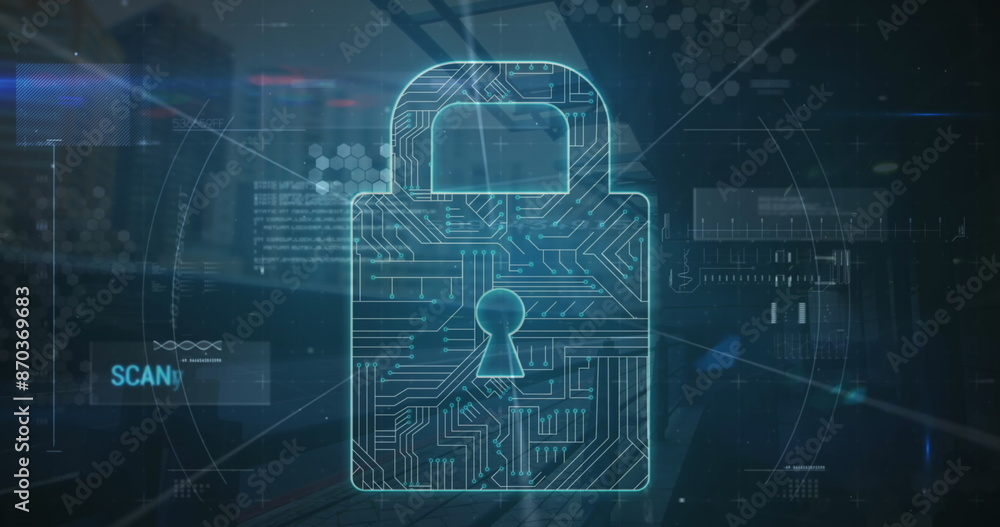 Poster image of scope scanning over security padlock icon, network of connections and qr code scanner
