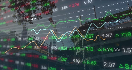 Animaton of stock market data processing against construction site