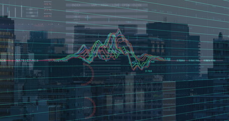 Animaton of statistical and stock market data processing against aerial view of cityscape