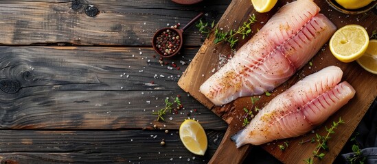 A tilapia fish fillet on a cutting board with lemon and seasonings, displayed with a copy space image.