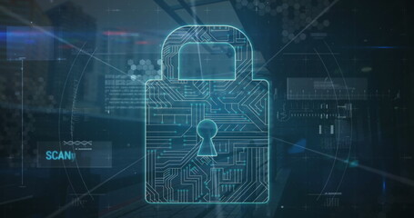 Image of scope scanning over security padlock icon, network of connections and qr code scanner