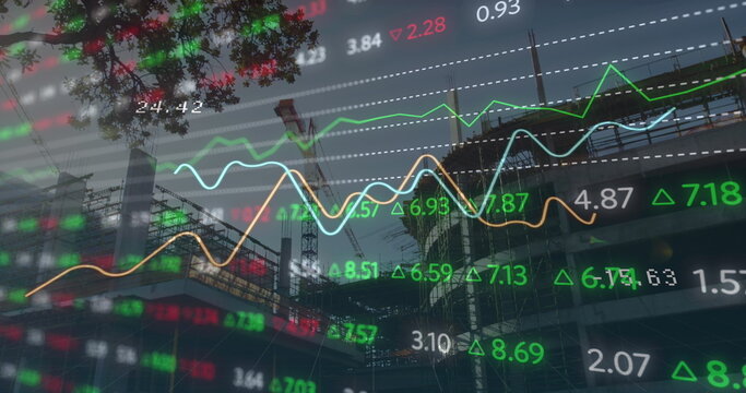 Animaton of stock market data processing against construction site