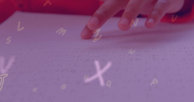 Image of numbers over caucasian schoolgirl reading braille