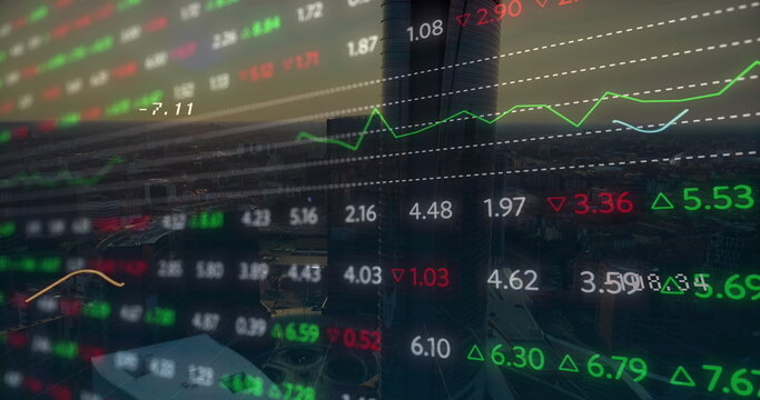 Animaton of statistical and stock market data processing against aerial view of cityscape