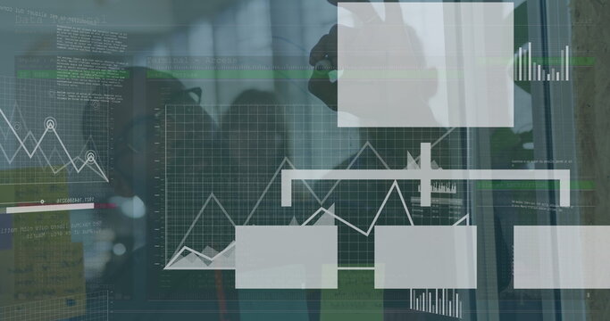 Image of data processing against african american man writing on glass board at office