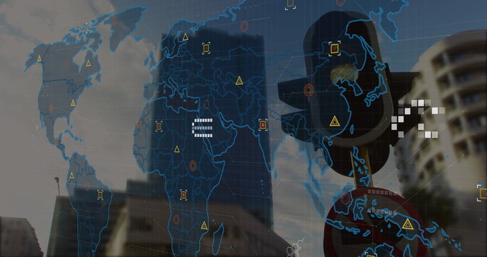 Image of world map and data processing against traffic signal light on the street