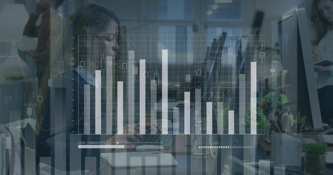 Image of statistical data processing over biracial woman using computer at office