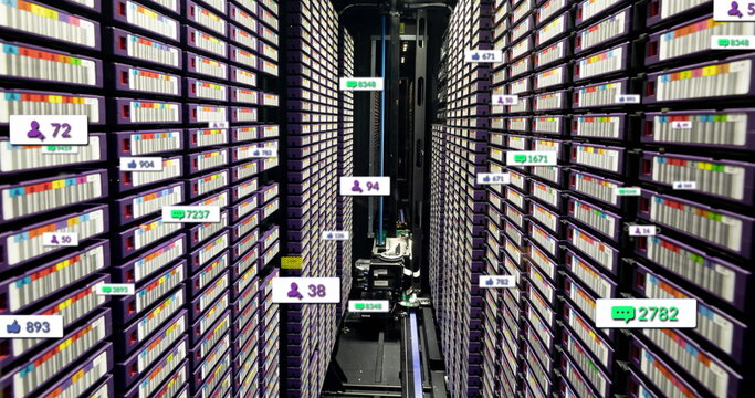 Image of social media icons against computer server room