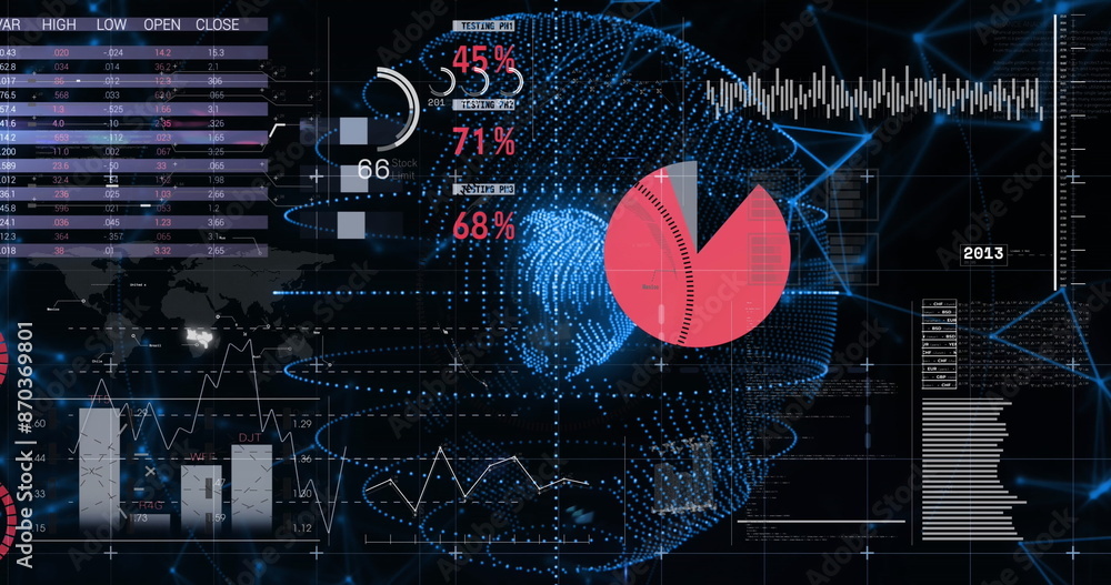 Poster image of statistical data processing over spinning globe against black background